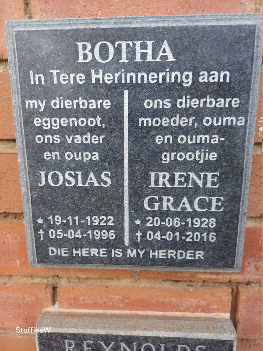 BOTHA Josias 1922-1996 & Irene Grace 1928-2016