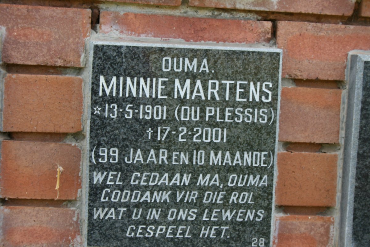 MARTENS Minnie nee DU PLESSIS 1901-2001