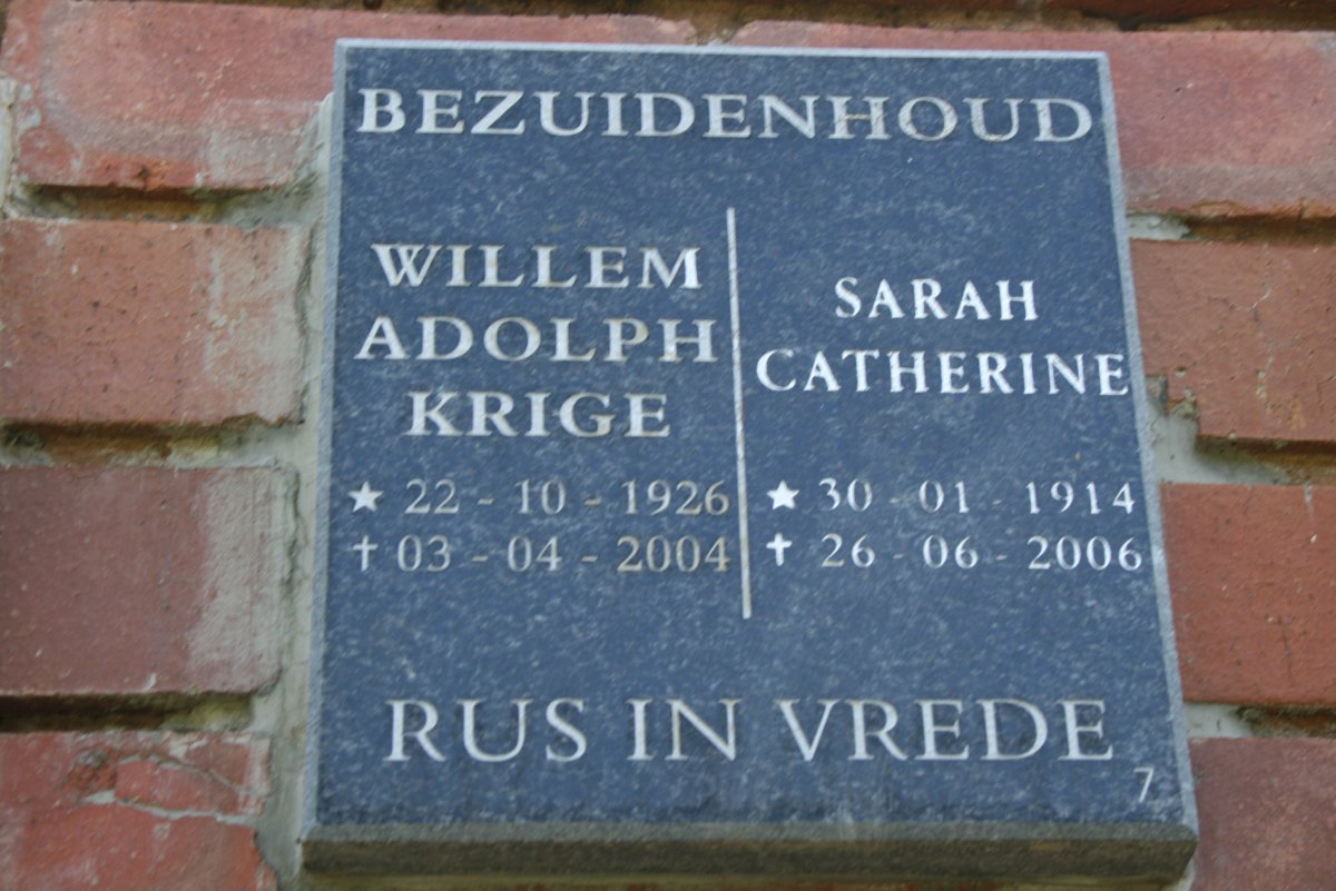 BEZUIDENHOUT Willem Adolph Krige 1926-2004 &amp; Sarah Catherine 1914-2006