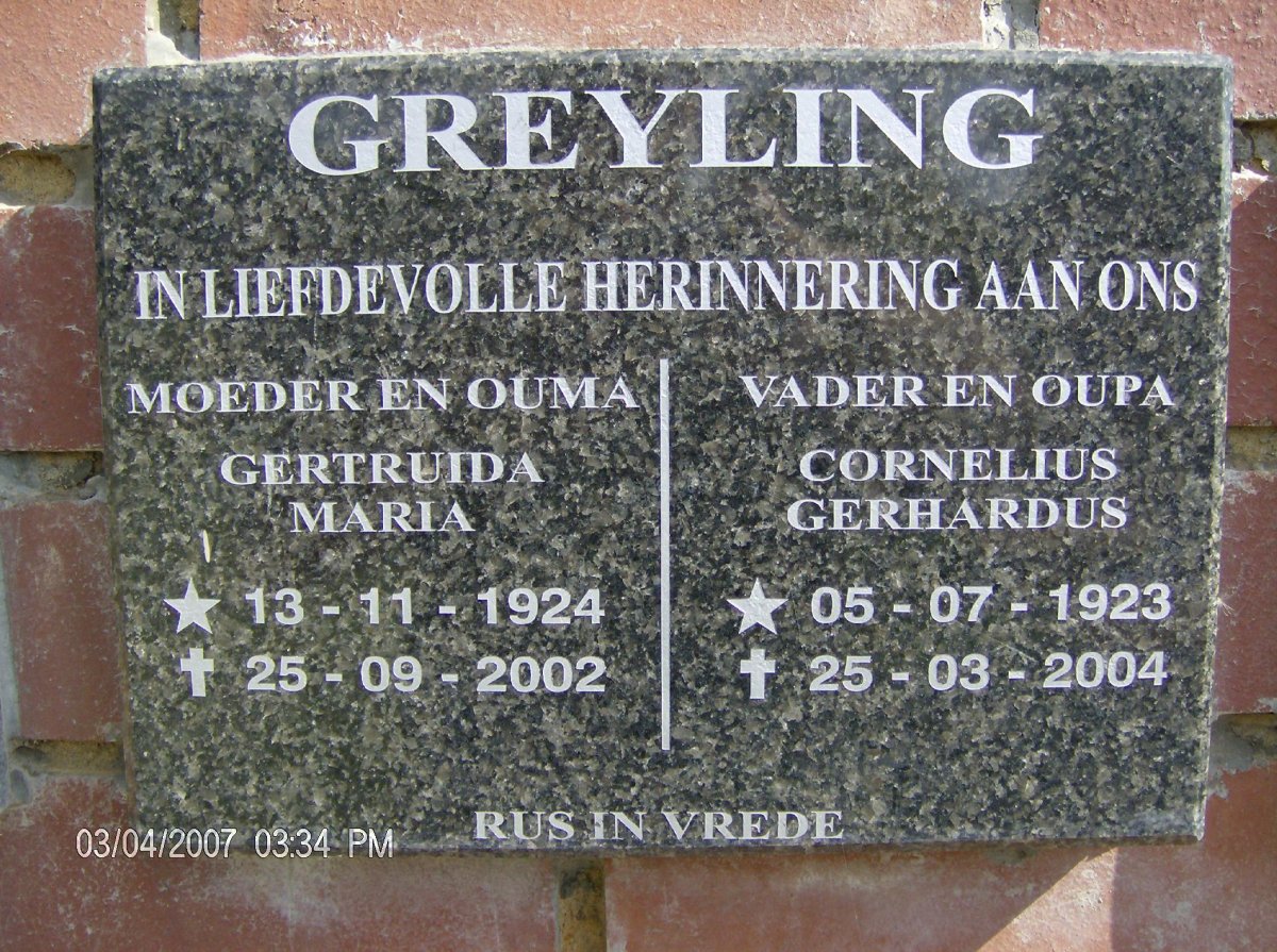 GREYLING Cornelius Gerhardus 1923-2004 &amp; Gertruida Maria 1924-2002