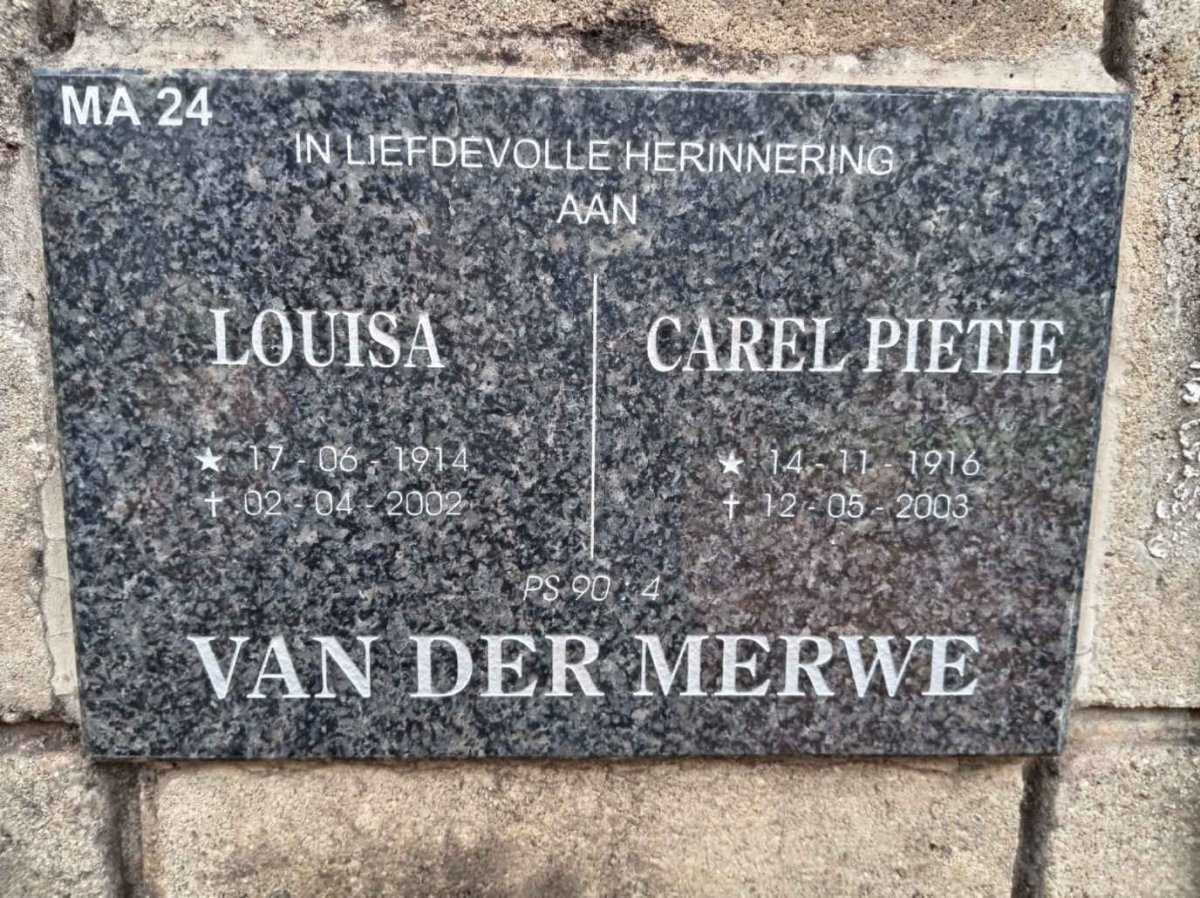 MERWE Carel Pietie, van der 1916-2003 & Louisa 1914-2002