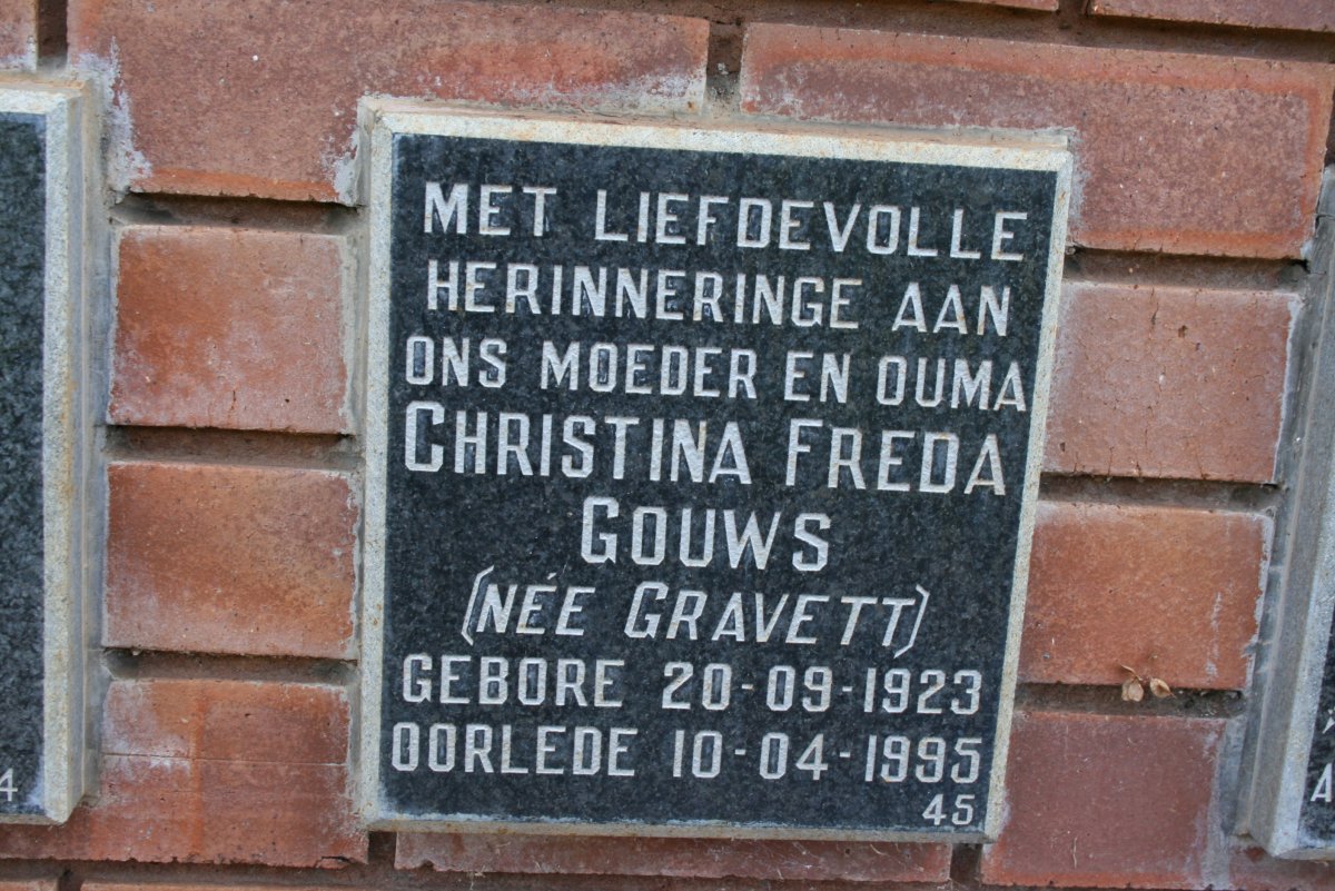 GOUWS Christina Freda nee GRAVETT 1923-1995
