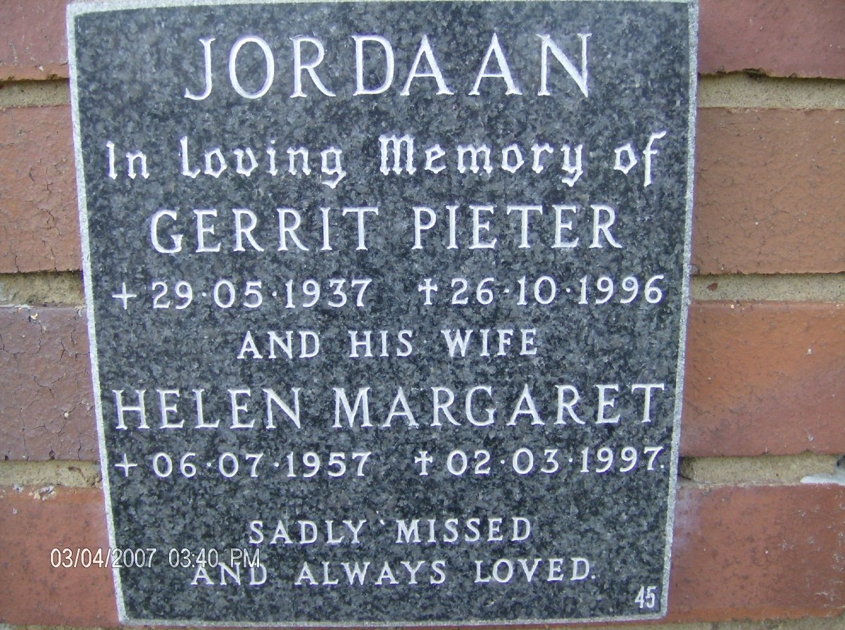 JORDAAN Gerrit Pieter 1937-1996 &amp; Helen Margaret 1957-1997