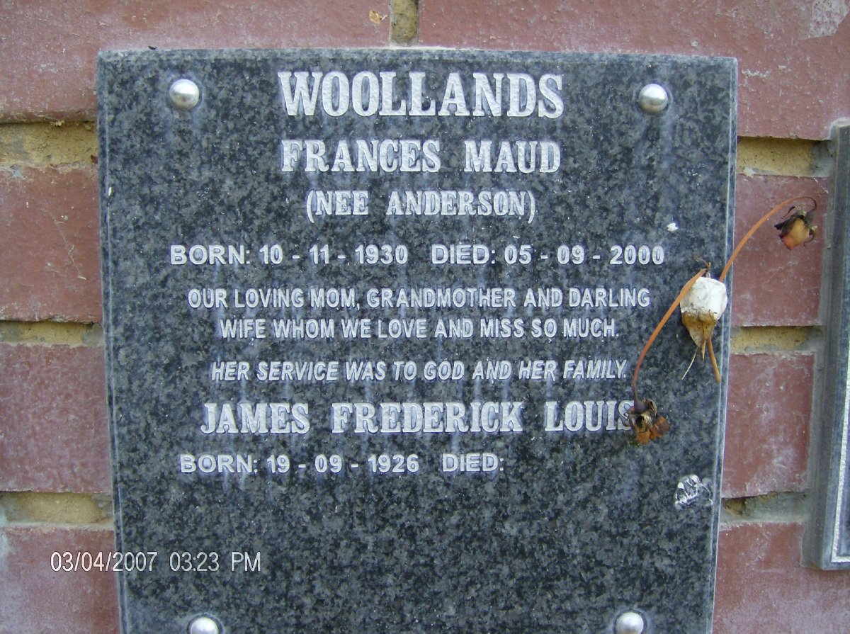 WOOLLANDS James Frederick Louis 1926- &amp; Frances Maud ANDERSON 1930-2000