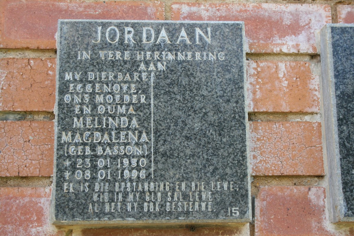 JORDAAN Melinda Magdalena nee BASSON 1950-1996
