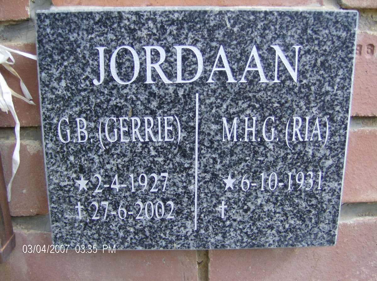 JORDAAN G.B. 1927-2002 &amp; M.H.G. 1931-
