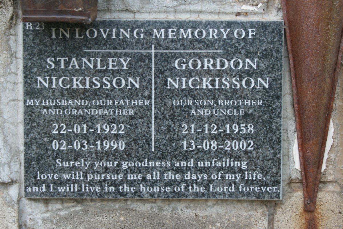 NICKISSON Stanley 1922-1990 :: NICKISSON Gordon 1958-2002