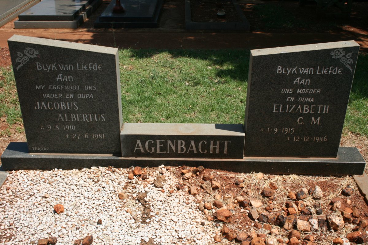 AGENBACHT Jacobus Albertus 1910-1981 &amp; Elizabeth C.M. 1915-1986