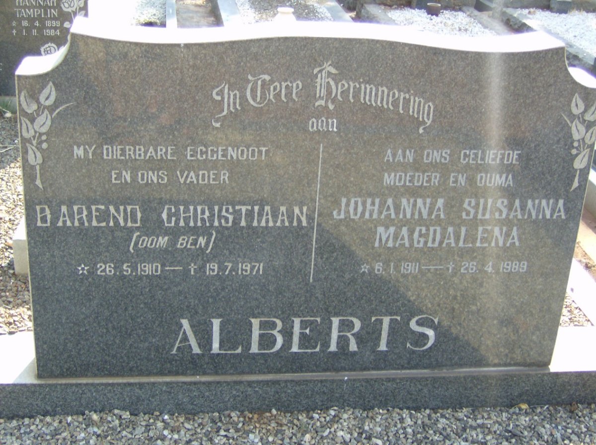 ALBERTS Barend Christiaan 1910-1971 &amp; Johanna Susanna Magdalena 1911-1989