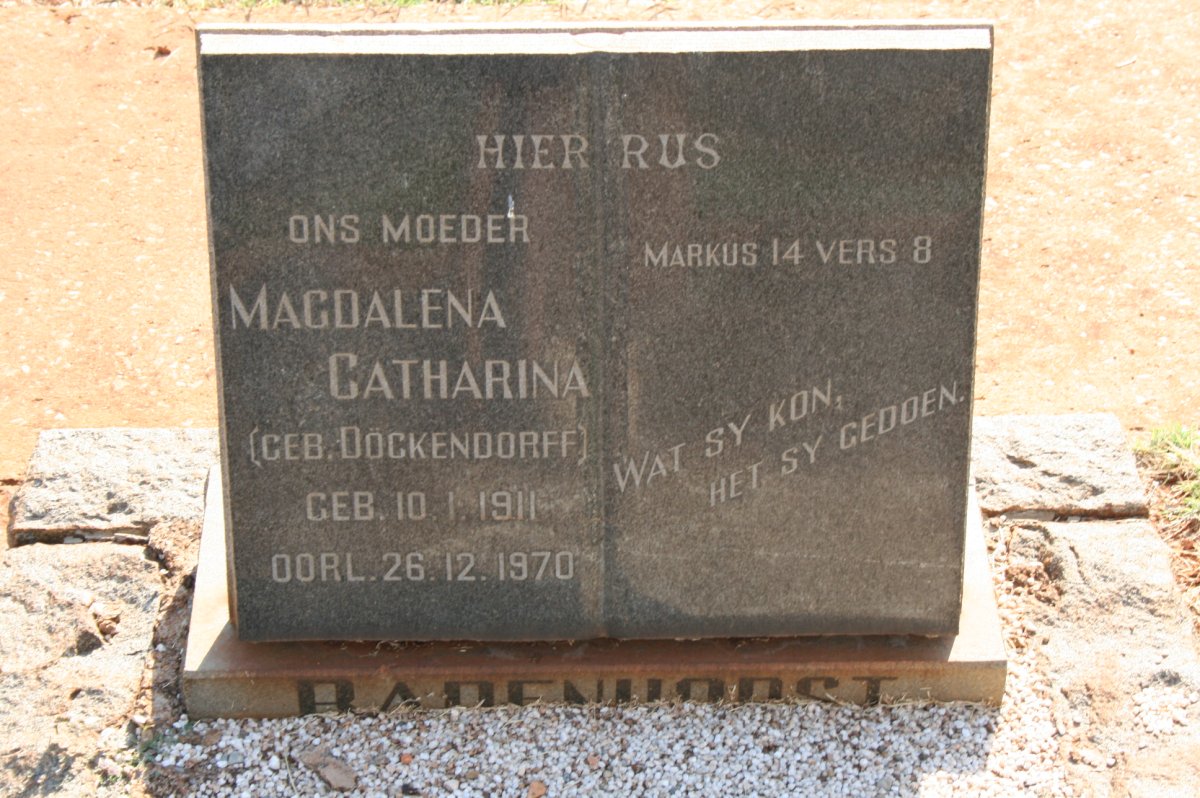 BADENHORST Magdalena Catharina nee DOCKENDORFF 1911-1970