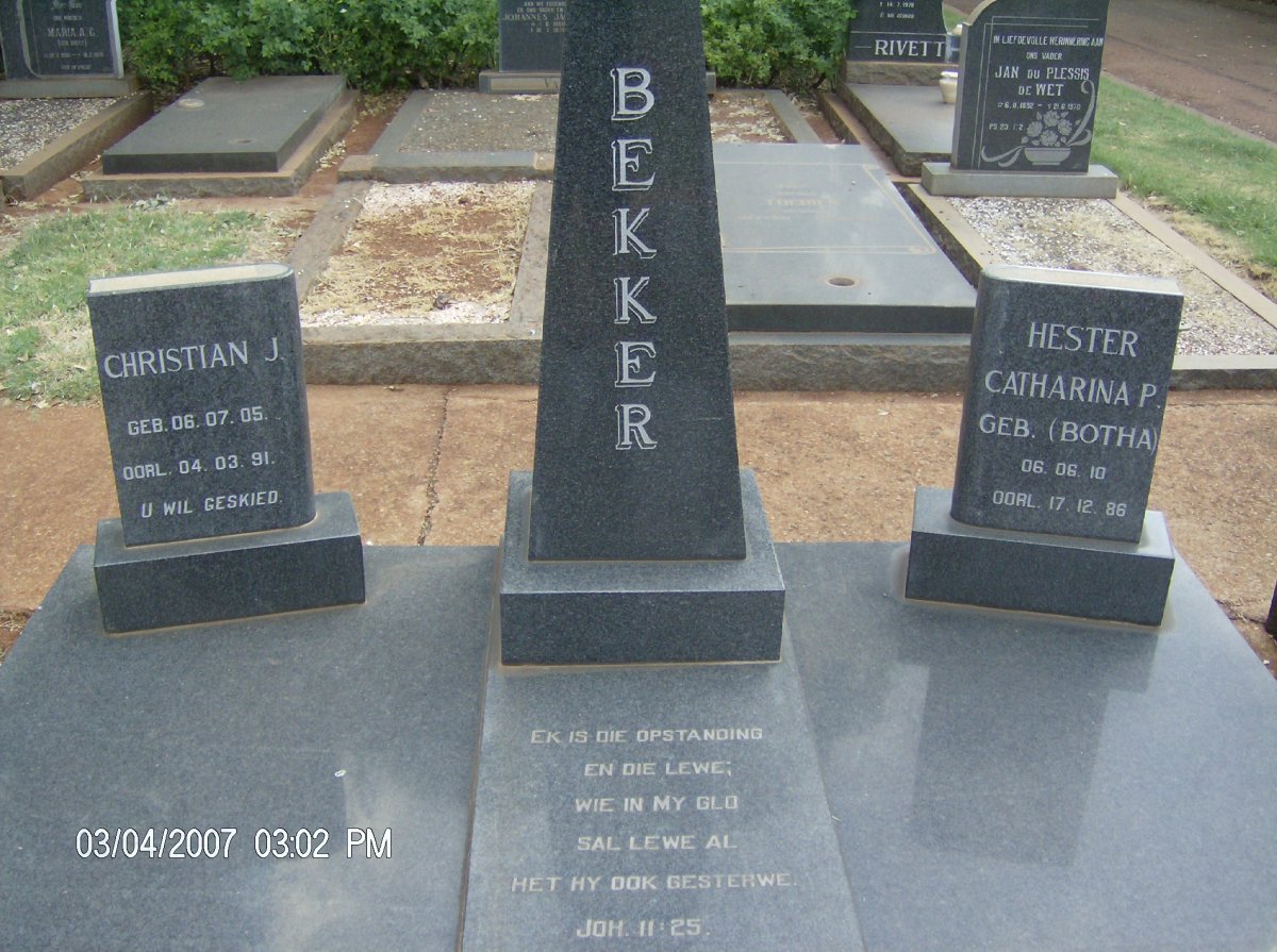 BEKKER Christian J. 1905-1991 &amp; Hester Catharina P. BOTHA 1910-1986