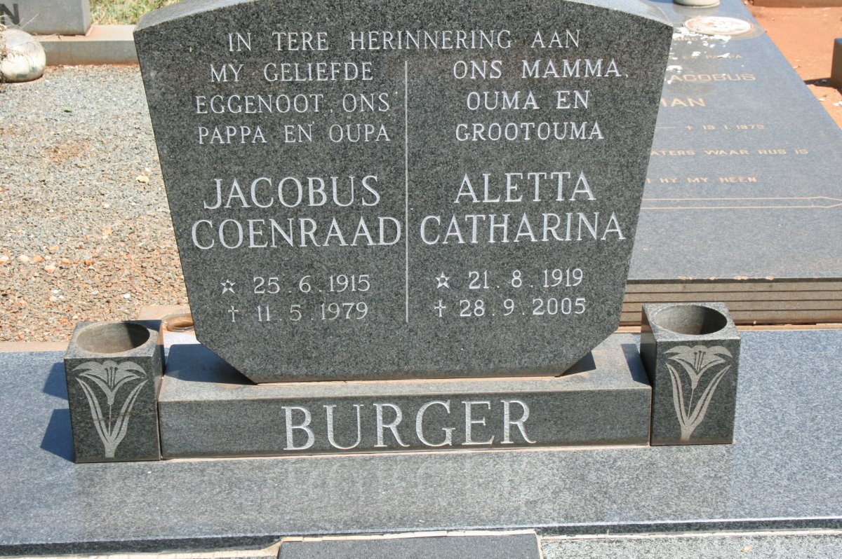 BURGER Jacobus Coenraad 1915-1979 &amp; Aletta Catharina 1919-2005