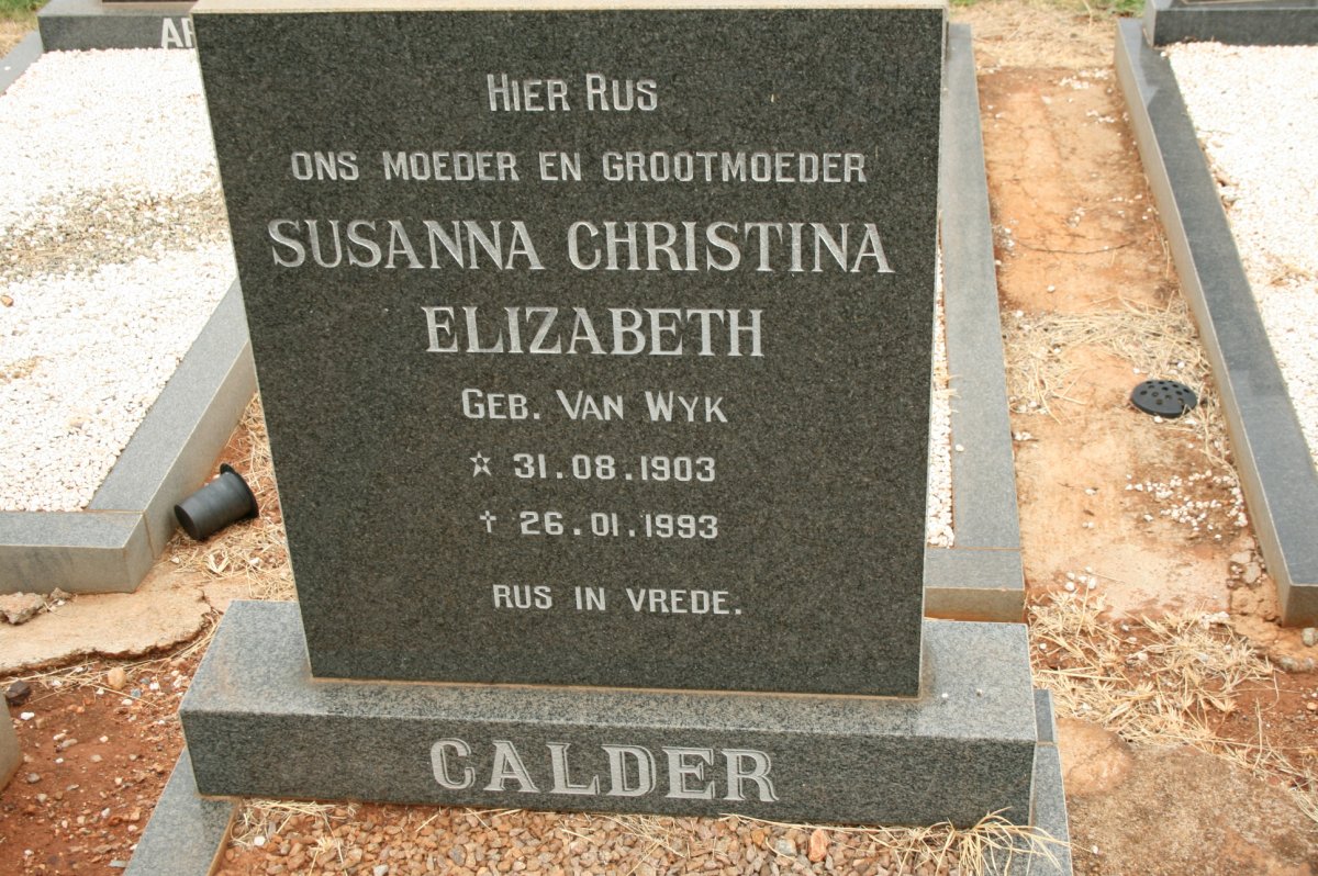 CALDER Susanna Christina Elizabeth nee VAN WYK 1903-1993
