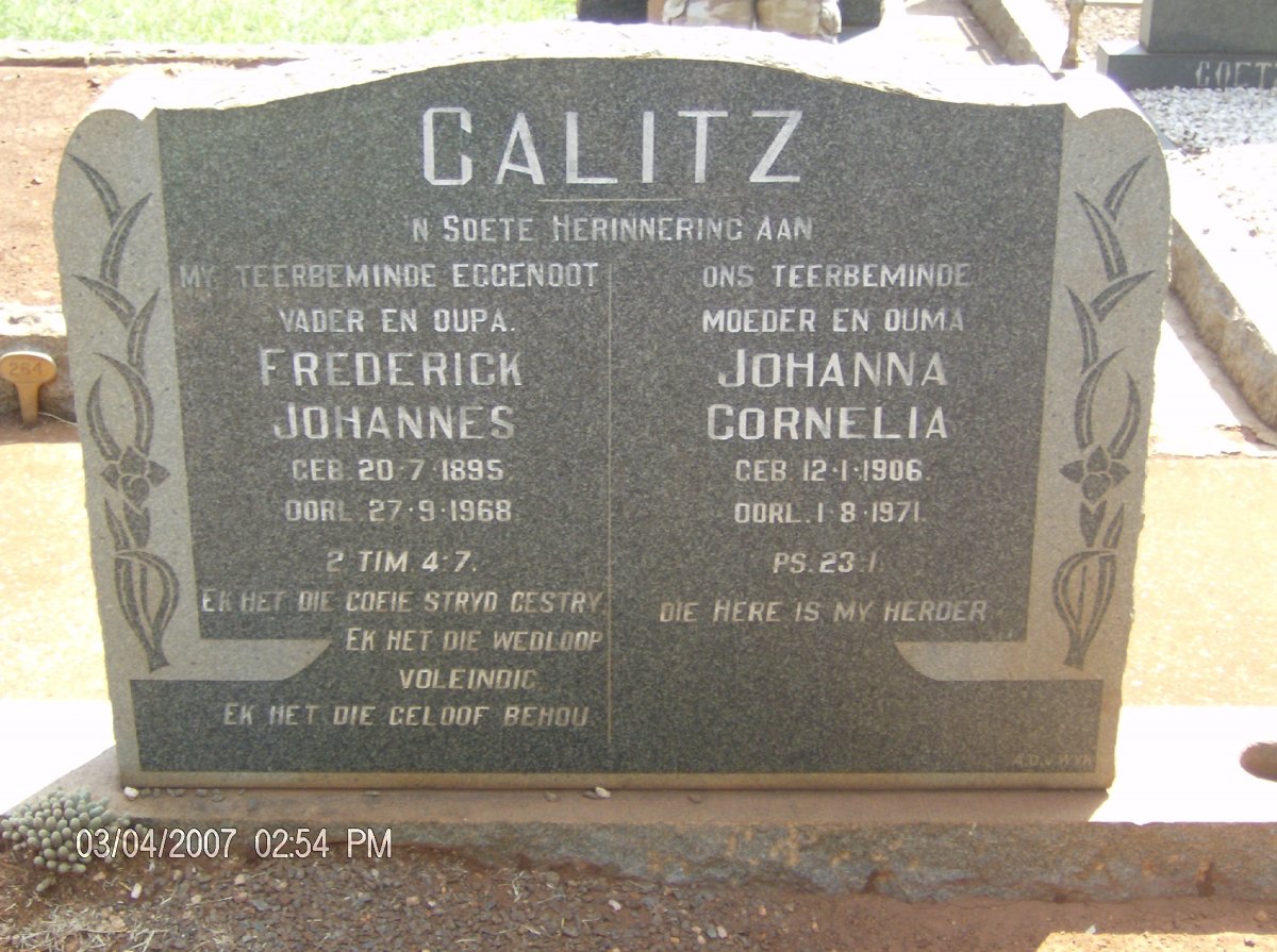 CALITZ Frederick Johannes 1895-1968 &amp; Johanna Cornelia 1906-1971