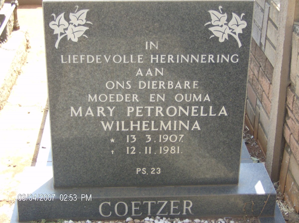 COETZER Mary Petronella Wilhelmina 1907-1981