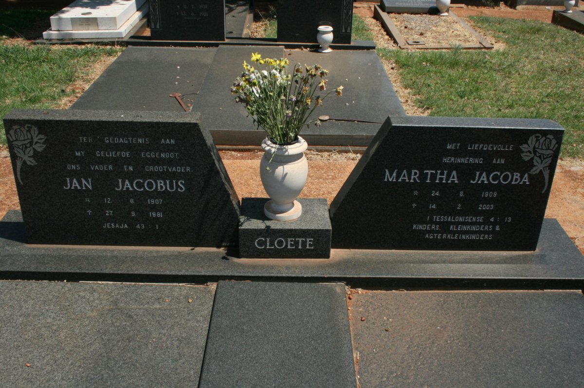 CLOETE Jan Jacobus 1907-1981 &amp; Martha Jacoba 1909-2003