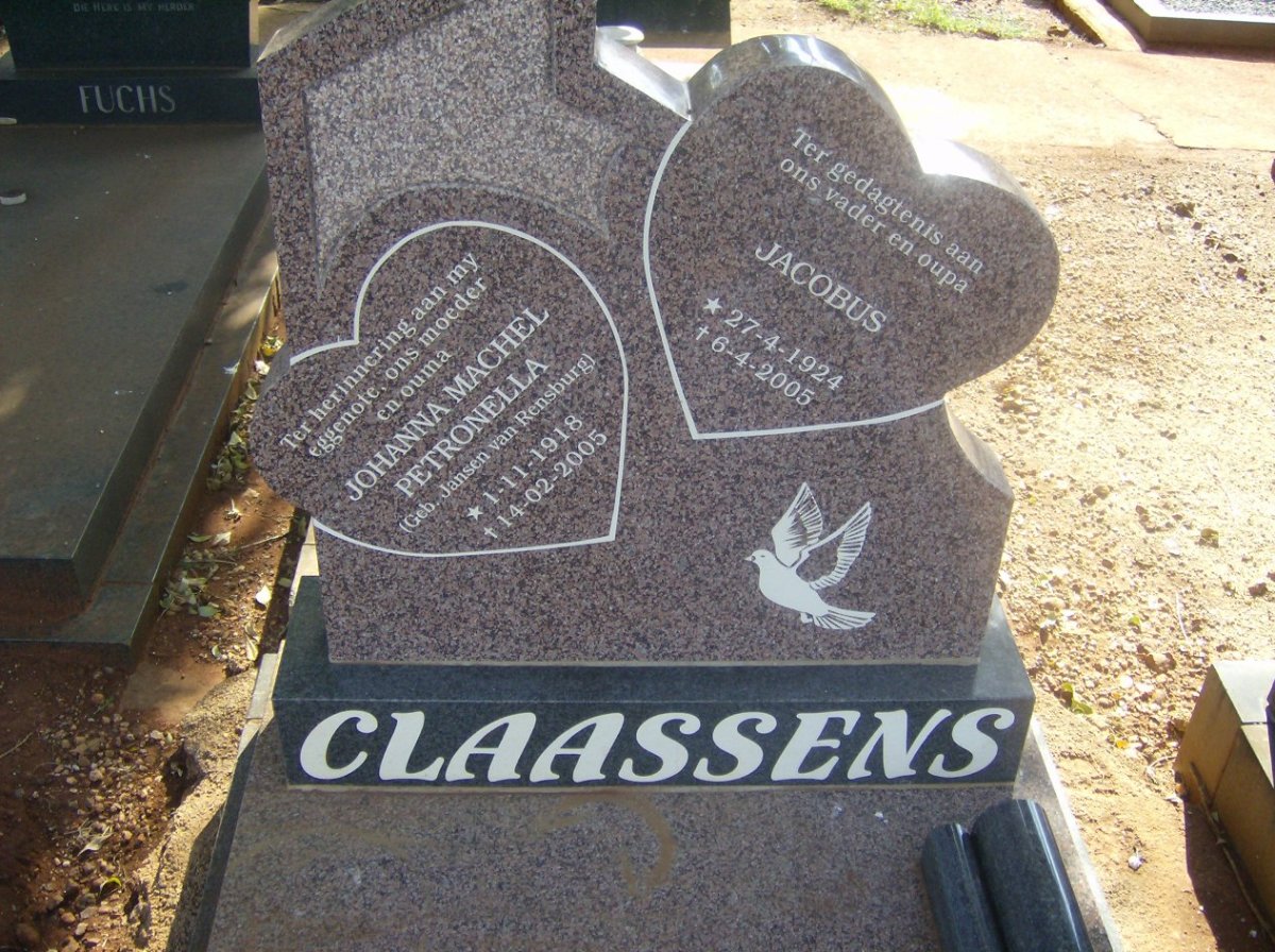 CLAASSENS Jacobus 1924-2005 &amp; Johanna Machel Petronella 1918-2005