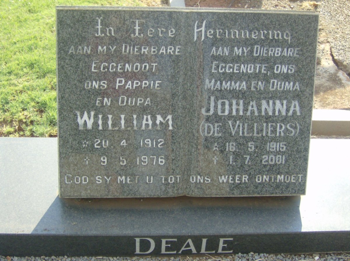 DEALE William 1912-1976 &amp; Johanna DE VILLIERS 1915-2001