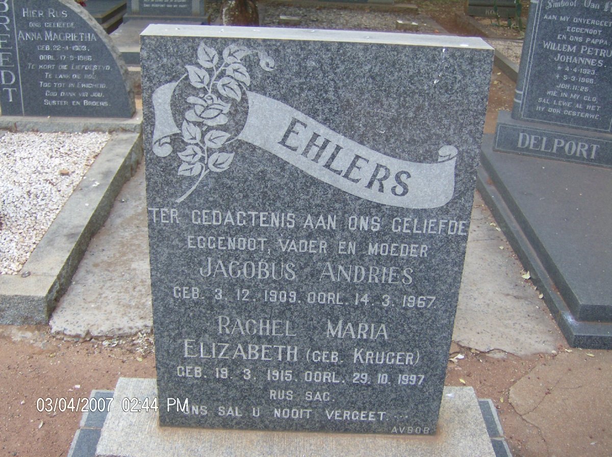 EHLERS Jacobus Andries 1909-1967 &amp; Rachel Maria Elizabeth KRUGER 1915-1997