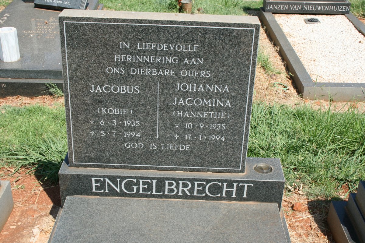ENGELBRECHT Jacobus 1935-1994 &amp; Johanna Jacomina 1935-1994