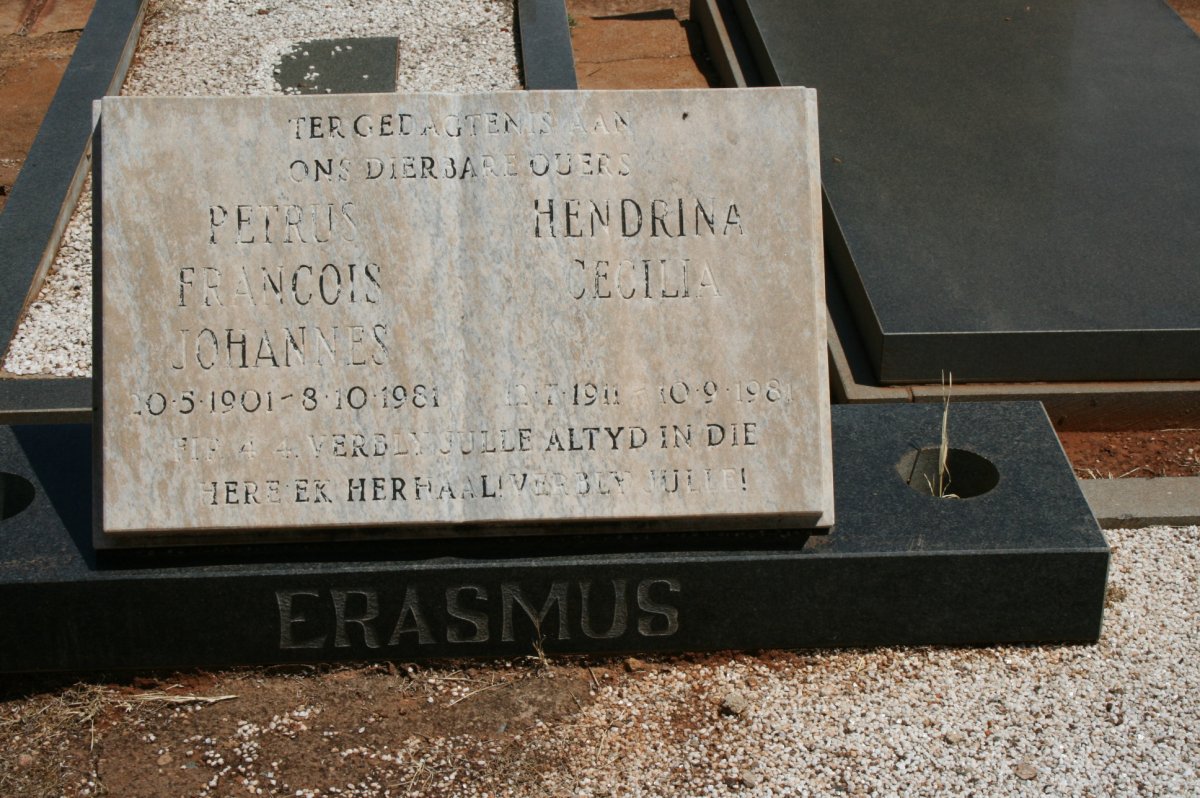ERASMUS Petrus Francois Johannes 1901-1981 &amp; Hendrina Cecilia 1911-1981