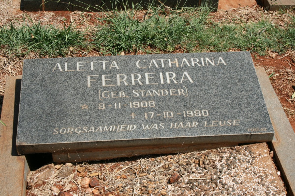 FERREIRA Aletta Catharina nee STANDER 1908-1980