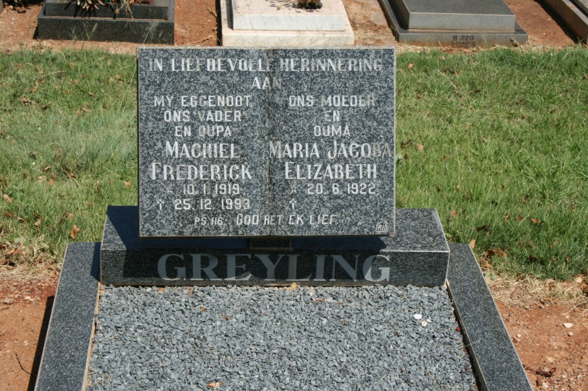 GREYLING Machiel Frederick 1919-1993 &amp; Maria Jacoba Elizabeth 1922-