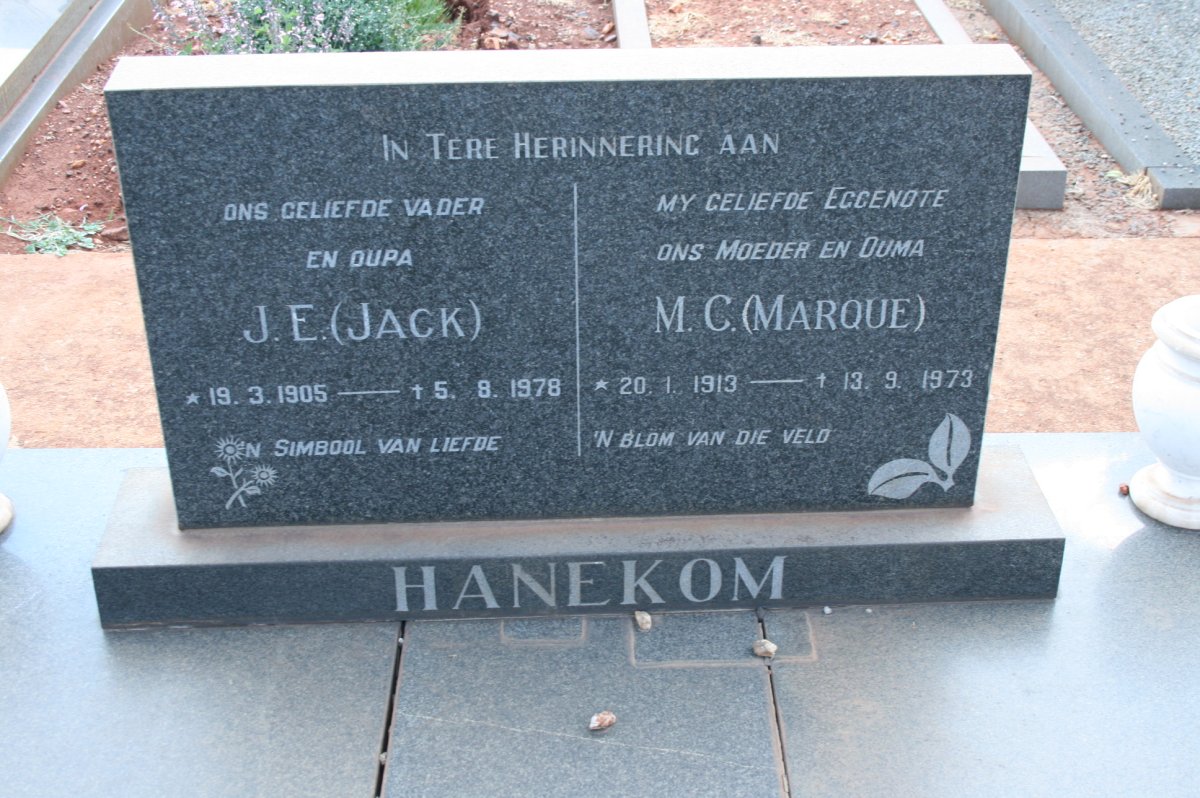 HANEKOM J.E. 1905-1978 &amp; M.C. 1913-1973
