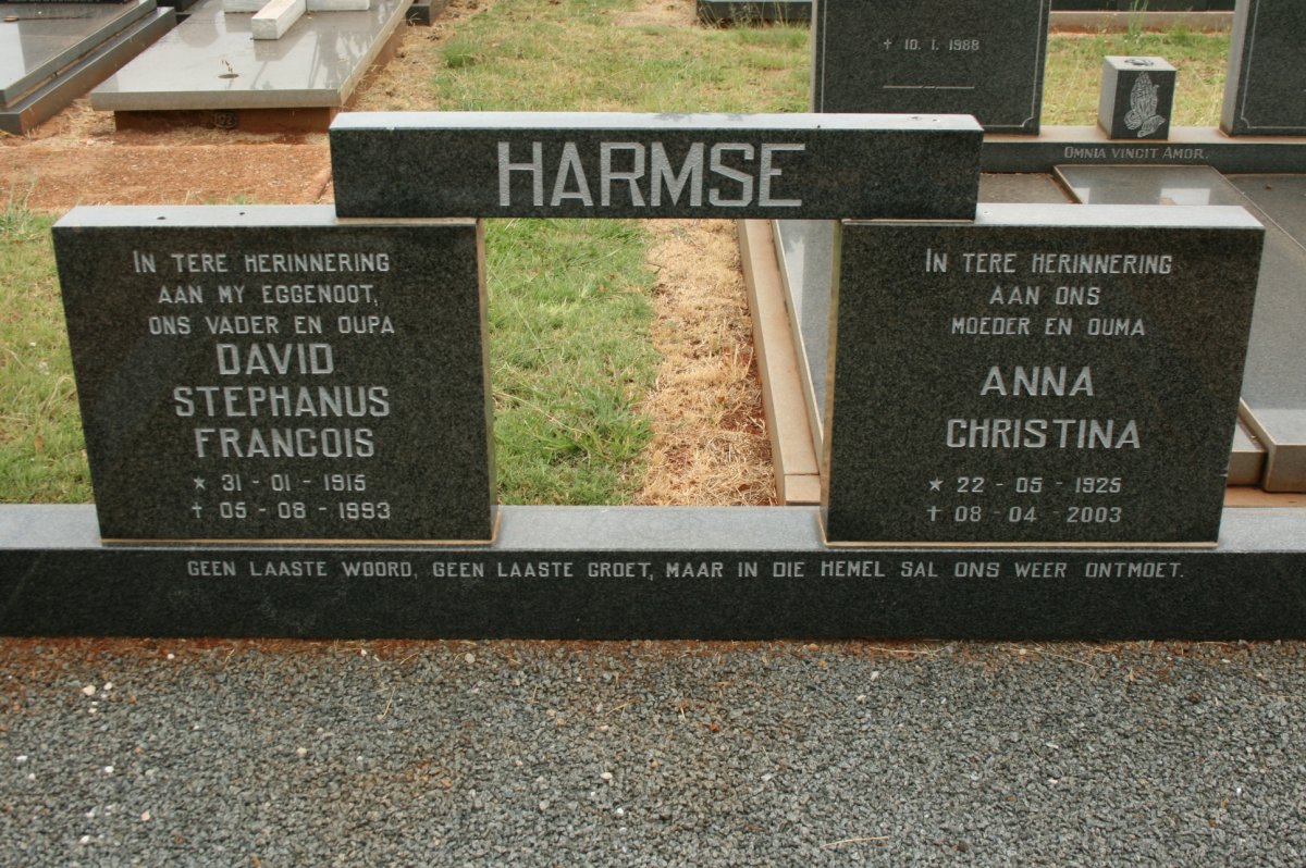 HARMSE David Stephanus Francois 1915-1993 &amp; Anna Christina 1925-2003