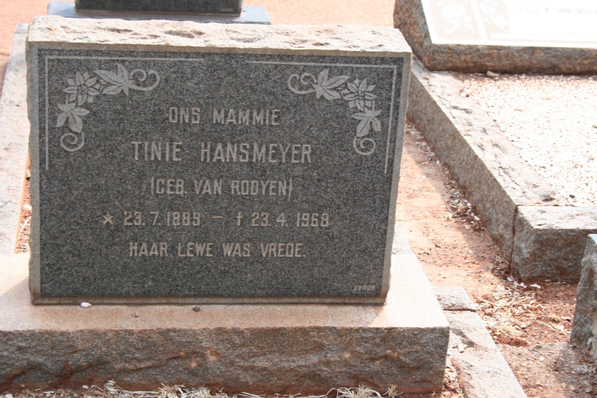 HANSMEYER Tienie nee VAN ROOYEN1889-1968
