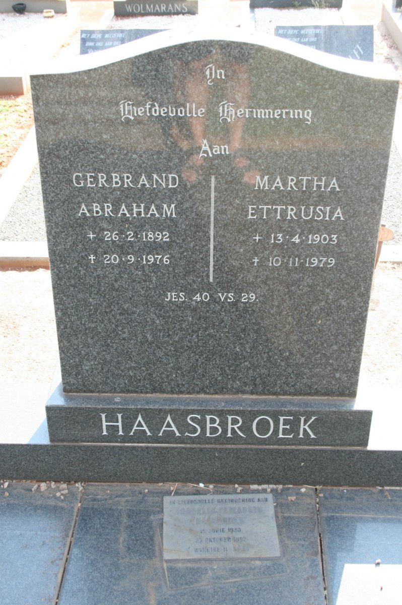 HAASBROEK Gerbrand Abraham 1892-1976 &amp; Martha Ettrusia 1903-1979