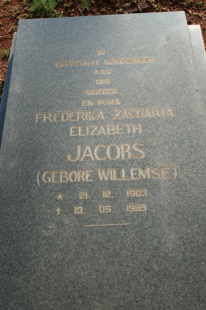 JACOBS Frederika Zacharia Elizabeth nee WILLEMSE 1903-1989