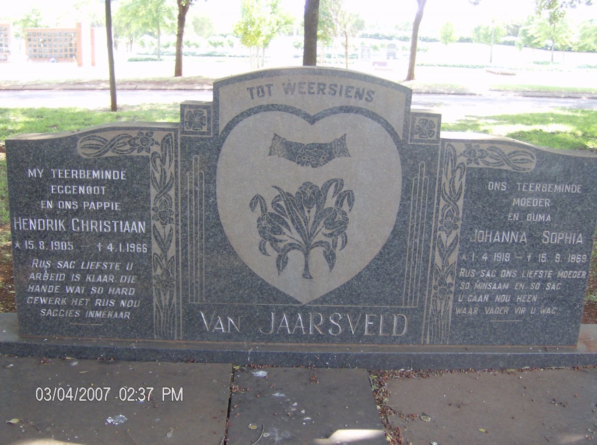 JAARSVELD Hendrik Christiaan, van 1905-1966 &amp; Johanna Sophia 1919-1969