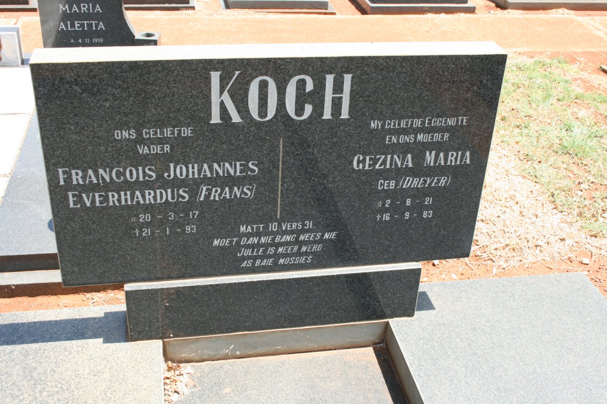 KOCH Francois Johannes Everhardus 1917-1993 &amp; Gezina Maria DREYER 1921-1983