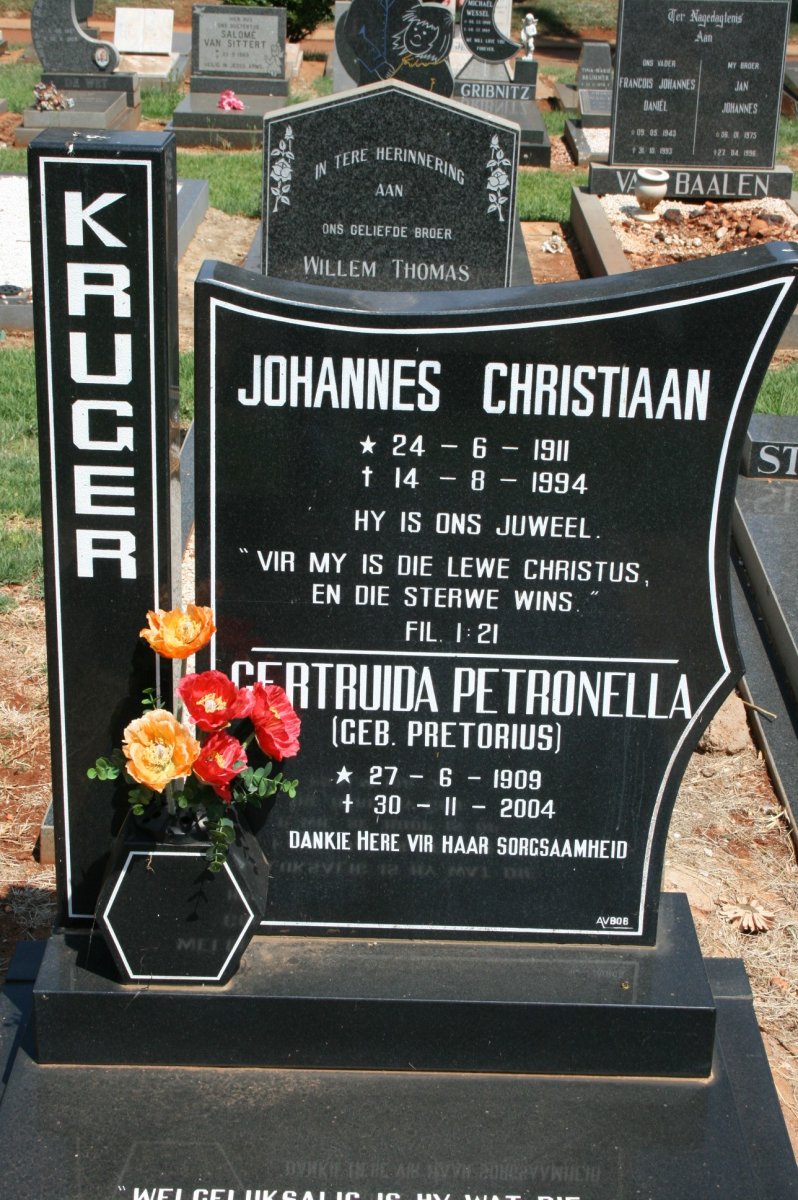 KRUGER Johannes Christiaan 1911-1994 &amp; Gertruida Petronella PRETORIUS 1909-2004