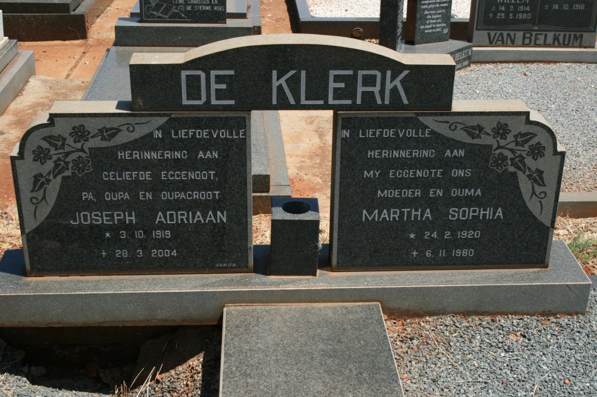 KLERK Joseph Adriaan, de 1919-2004 &amp; Martha Sophia 1920-1980