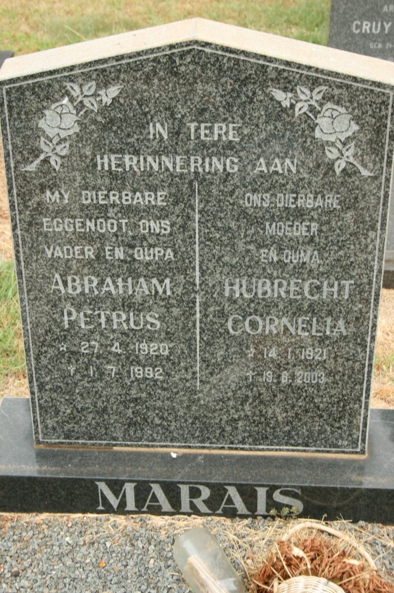 MARAIS Abraham Petrus 1920-1992 &amp; Hubrecht Cornelia 1921-2003