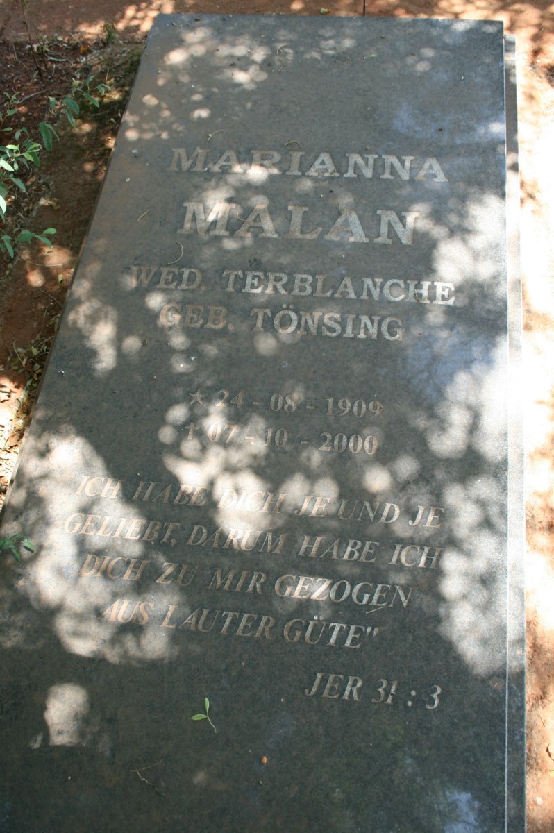 MALAN Marianna formerly TERBLANCHE nee TÖNSING 1909-2000