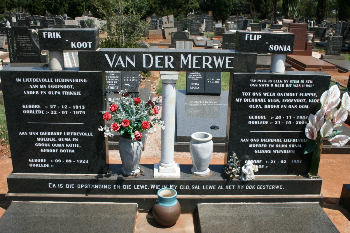 MERWE Frikkie, van der 1913-1979 &amp; Kotie BOTHA 1923- :: VAN DER MERWE Flippie 1954-2006 &amp; Sonie WEINBERG 1954-