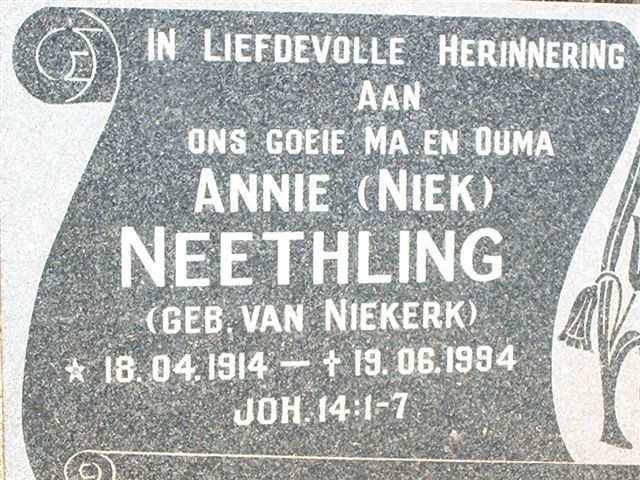 NEETHLING Annie nee van NIEKERK 1914-1994