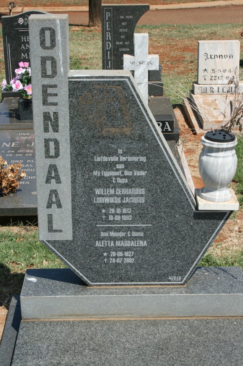ODENDAAL Willem Gerhardus Lodiwikus Jacobus 1913-1993 &amp; Aletta Magdalena 1927-2002