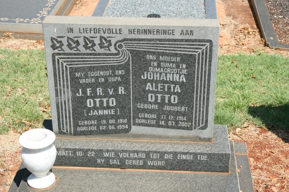 OTTO J.F.R.v.R. 1918-1994 &amp; Johanna Aletta JOUBERT 1914-2002