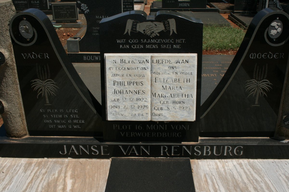 RENSBURG Philippus Johannes, Janse van 1922-1979 &amp; Elizabeth Maria Margaretha HORN 1923-