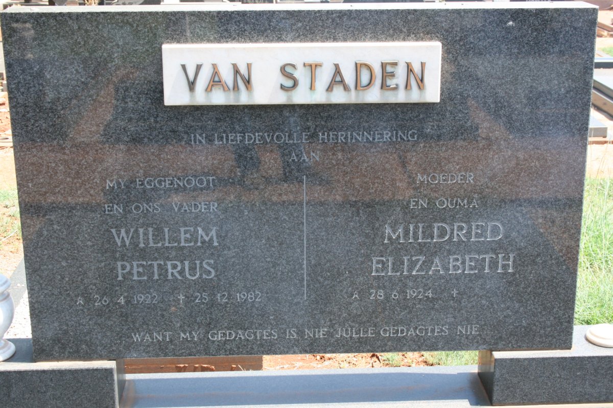 STADEN Willem Petrus, van 1922-1982 &amp; Mildred Elizabeth 1924-