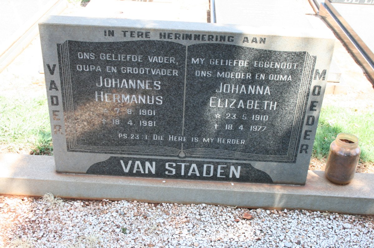 STADEN Johannes Hermanus, van 1901-1981 &amp; Johanna Elizabeth 1910-1977