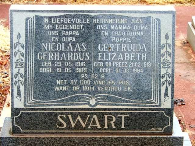 SWART Nicolaas Gerhardus 1916-1989 &amp; Gertruida Elizabeth DU PREEZ  1918-1994