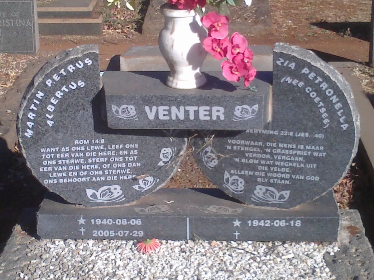 VENTER Martin Petrus Albertus 1940-2005 &amp; Zia Petronella COETSEE 1942-