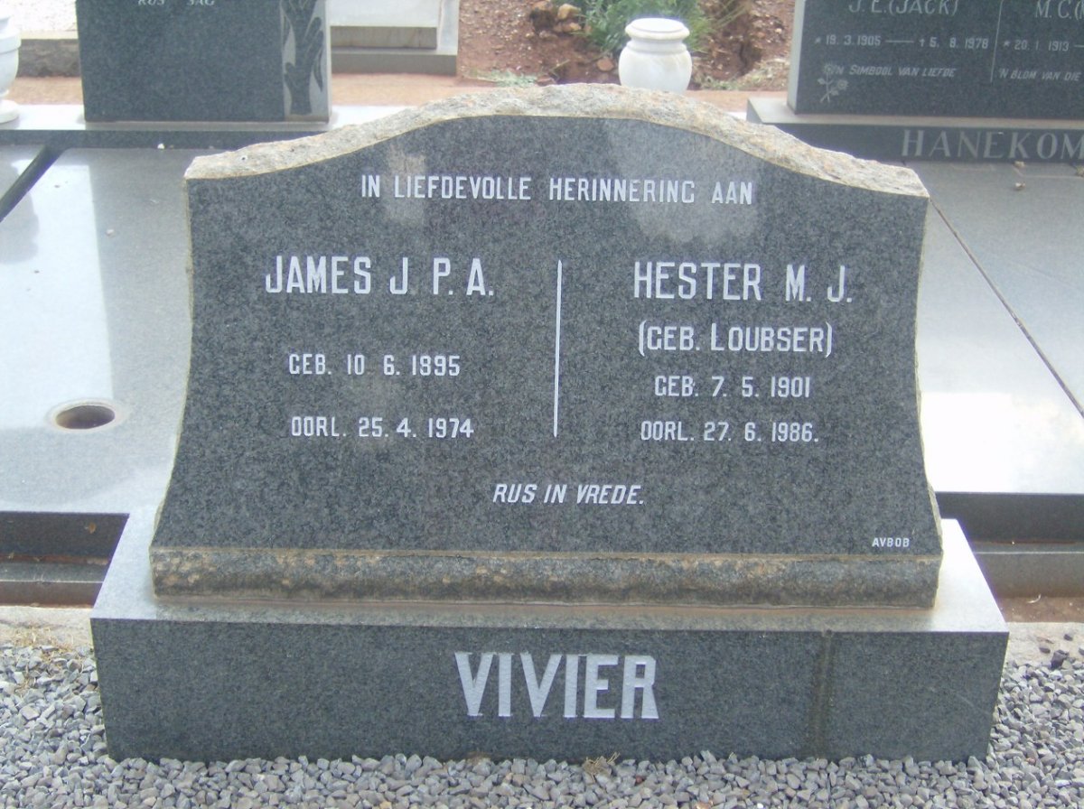 VIVIER James J.P.A. 1895-1974 &amp; Hester M.J. LOUBSER 1901-1986