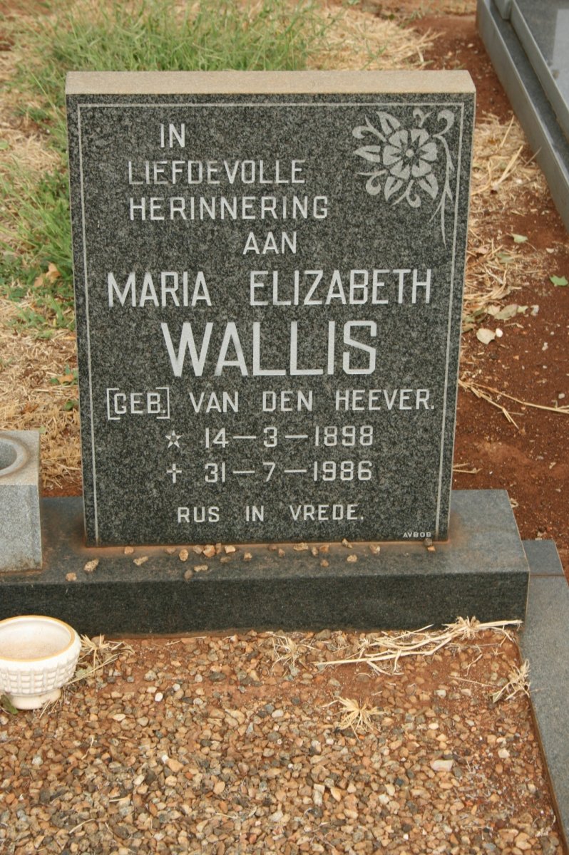 WALLIS Maria Elizabeth nee VAN DEN HEEVER 1898-1986