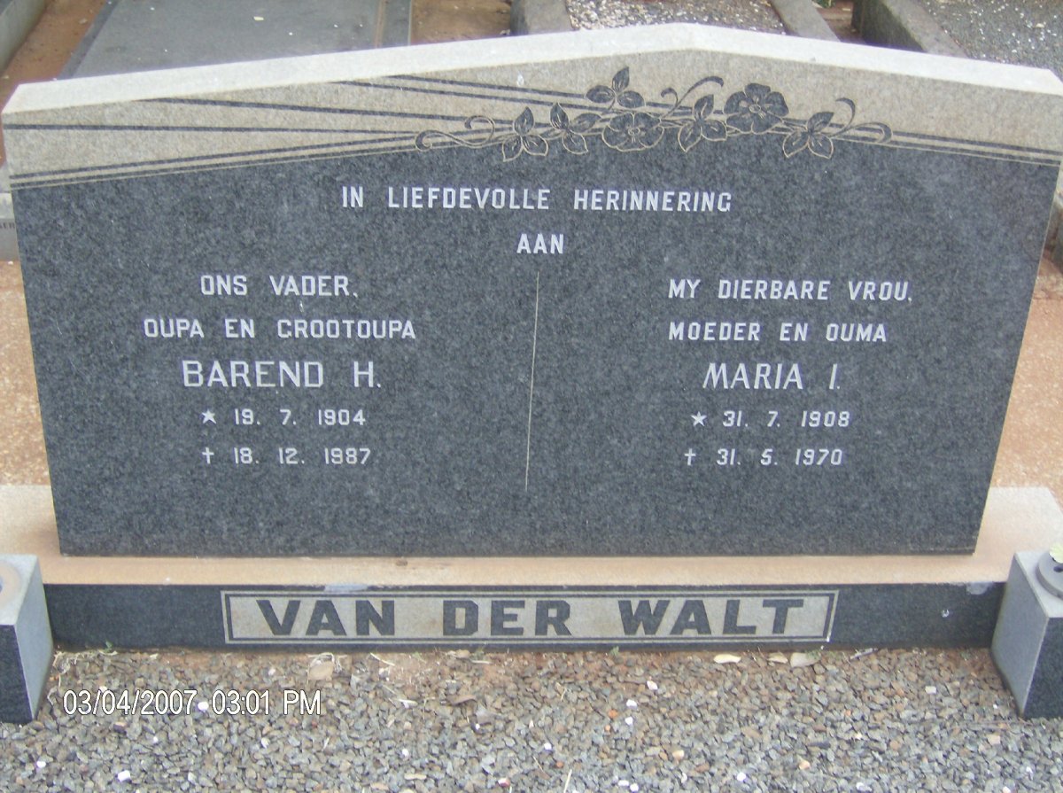 WALT Barend H., van der 1904-1987 &amp; Maria I. 1908-1970